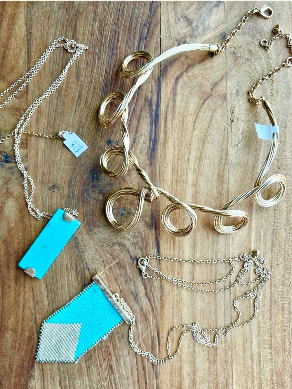 Gold Loop Statement choker Necklace & 2 tourqiuse  pendants 1 resin & 1 woven